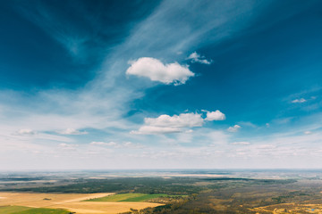 Aerial View Of Fields And Meadows In Early Spring Landscape. Top View Of Beautiful European Nature From High Attitude. Drone View. Bird's Eye View