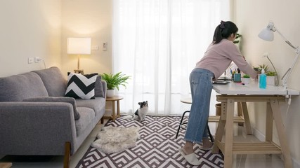 Timelapse of asian woman with pet set up room for work from home in quarantine social distance work remotely concept. New home office setup, cleaning, housework in new normal or next normal asia life.