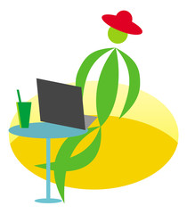 Stylized cartoon stylized man sitting with a laptop in an armchair. Vector art graphic.