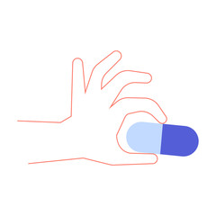 Linear flat style hand holds a pill. Health, pharmacology and medication.