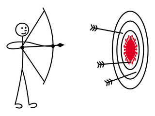 Cartoon man shooting an arrow from a bow at a target with a coronavirus. Symbol of the fight against the virus. Vector art graphic.