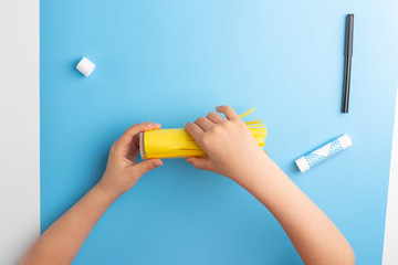 toilet paper roll craft concept for kid and kindergarten, DIY, tutorial, step by step instruction, step4, kids hands makes paper craft,n activity while stay at home during quarantine