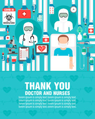 Medical flat design. Thank you doctor and nurses. Covid-19 pandemic. lorem ipsum is simply text. Vector illustration