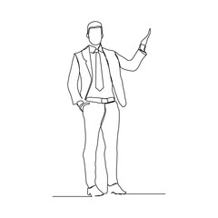 continuous line drawing of standing business man show presentation gesture. Vector illustration