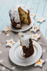 An Easter cake. Delicious dessert. Traditional holiday cake. On a table made of turquoise boards. Festive still life.
