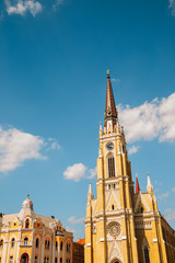 Fototapeta na wymiar The Name of Mary Church at Liberty Square in Novi Sad, Serbia