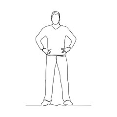 Continuous line drawing of standing young man gesture. Vector illustration