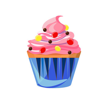 Cartoon cupcake decorated with bright jelly beans and chocolate crisps. Pink cream.