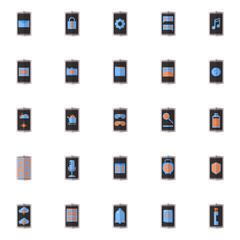 25 smartphone application flat icon set in grey, black, orange and light blue color scheme. Concept modern mobile phone technology icon design.