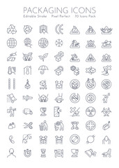 Packaging symbols set. 70 pieces with editable stroke and pixel perfect art.