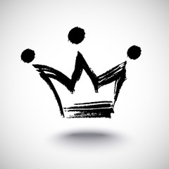 Hand drawn isolated crown black silhouette. Grunge brush and pencil (chalk or charcoal) texture. Made by tracing, white background. Vector illustration