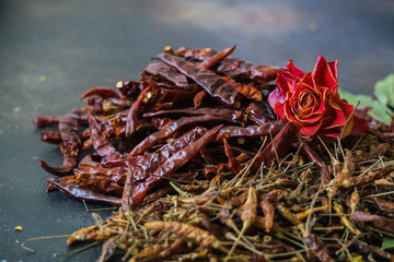 Obraz premium Dried pods of chili peppers of different varieties.