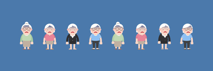 Character set of Old woman or Grandmother Concept, Older seniors retired are Exhausted sick tired bored of everything, An elderly woman cartoon design in 4 Different flat style Vector illustration