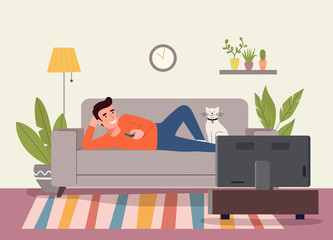 Young man with TV remote control lying on sofa isolated. Vector flat style illustration