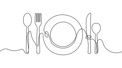 Continuous one line plate. Hand drawing art dinner theme with linear plate spoon knife fork for logo. Simple sketch design isolated on white background. Vector illustration