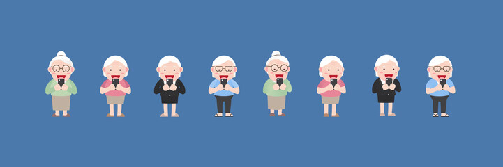 Character set of Old woman or Grandmother Concept, Older seniors retired are Happy Smiling holds a phone in her hand, An elderly woman cartoon design in 4 Different flat style Vector illustration
