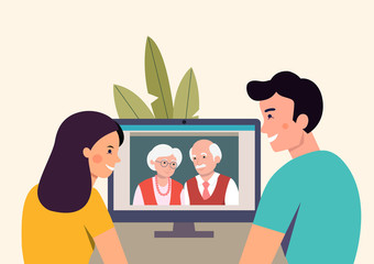 Man and woman talking with their parents  by videochat. Vector flat style Illustration