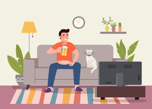 Lazy young fat man with glass of beer watching soccer on the TV. Vector flat style illustration