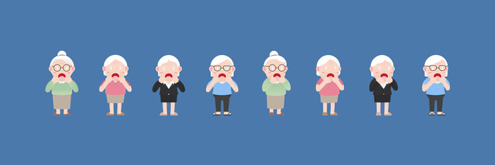 Character set of Old woman or Grandmother, Older seniors retired are Shocked expression or surprised with covering his mouth, An elderly woman cartoon design in 4 Different flat style Vector