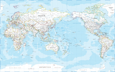 World Map - Pacific View - Asia China Center - Political Topographic - Vector Detailed Illustration