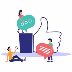 Vector illustration on a white background. best performance, social media. people leave comments and comments that the successful work is the highest score, the hand shows success.