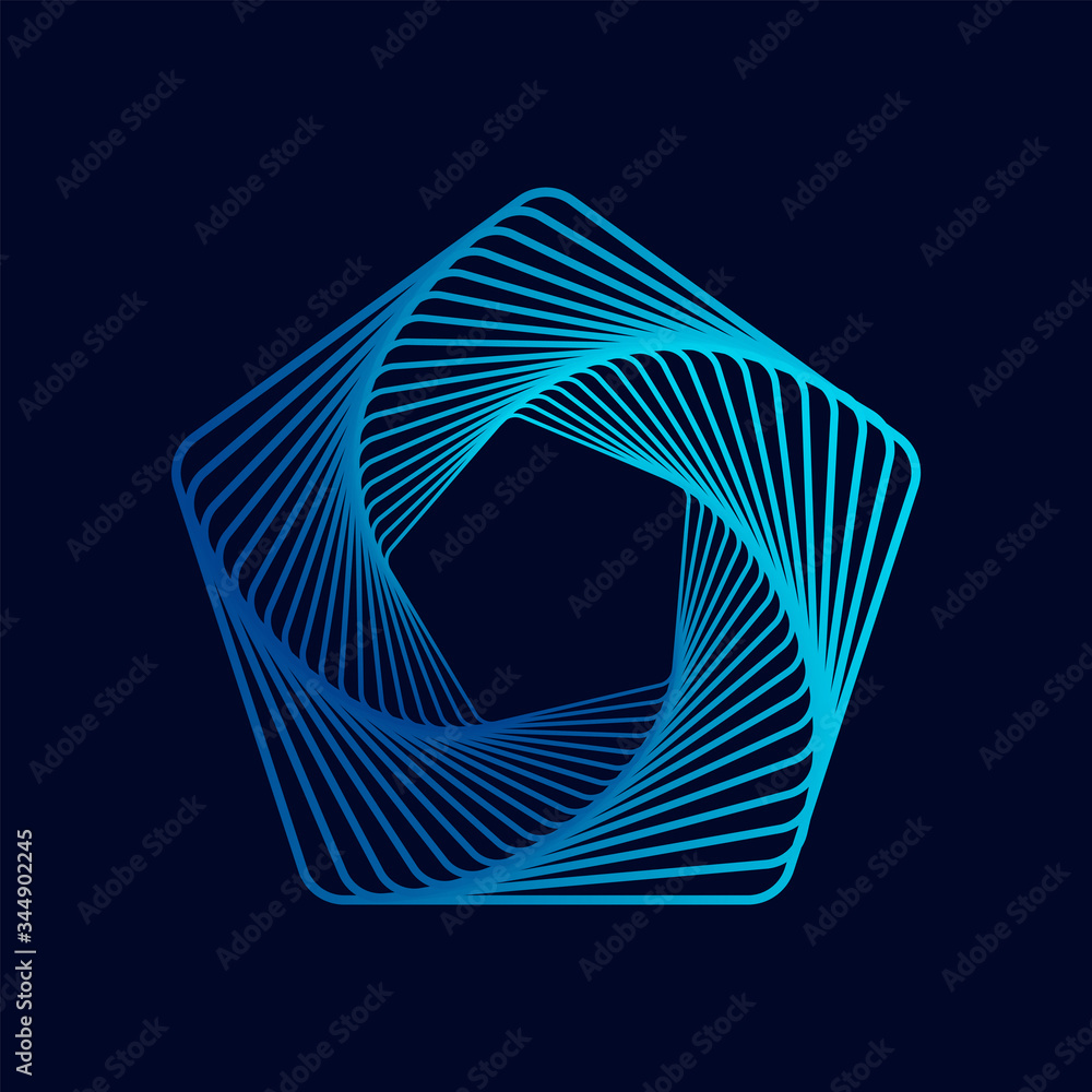 Poster twisted colored spiral. wireframe pentagon shape. vector technology lines graphic element.