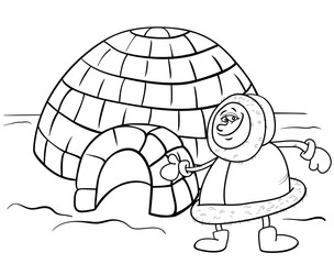 eskimo with igloo cartoon coloring book page