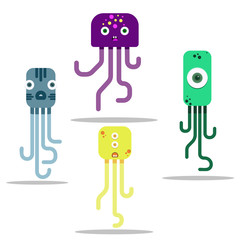 A bright octopus family  different size and shape, smiling and sad in a flat style