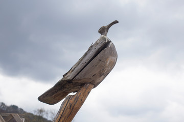 bird made of wooden pole signifying prayer for a good harvest. Korean traditional sculpture...