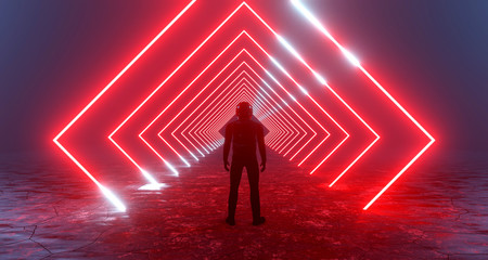 3d rendering fantastic silhouette of a lonely man in a helmet in front of luminous neon red rhombuses, portal squares, teleport. Concept sci-fi game, alien city, station.