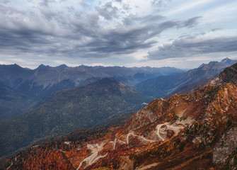 Mountain road. Mountain autumn landscape. Rosa Khutor, Sochi.