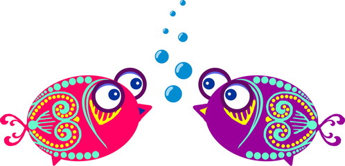 Two decorative cartoon violet fishes with big eyes