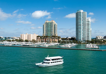 Fototapeta na wymiar Miami Marina And A Ferry Boat