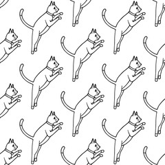 Cute doodle cat vector seamless pattern on white background. Black and white hand-drawn print. Design for textile, wrapping