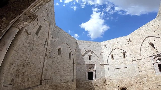 The sky seen from the courtyard of Castel del Monte. Apulia, Italy