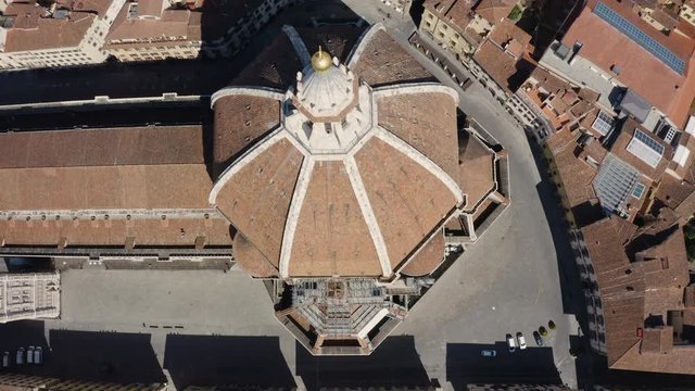 Aerial video of top down view of Cathedral of Saint Mary of the Flower. Aerial view of Florence Duomo. Top down view of The Basilica di Santa Maria del Fiore. Duomo, Florence, Tuscany, Italy.