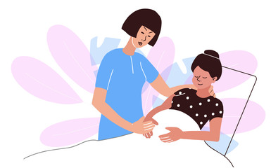 Pregnant Woman with Doula Support. Nurse helps the patient. Flat style vector illustration