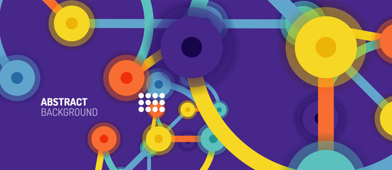 Flat style geometric abstract background, round dots or circle connections on color background. Technology network concept.