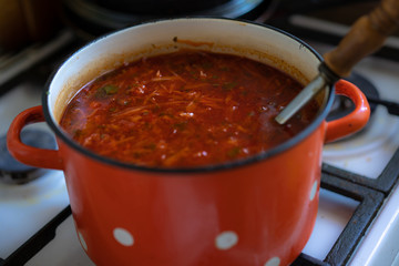 Russian soup cooked in a pan