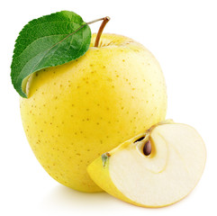 Yellow apple fruit with green leaf and slice isolated on white background. Golden apple with...
