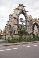 Fototapeta na wymiar The church, which destroyed after the bombing in World War II in Amiens. Amiens - city and commune in northern France, 120 km north of Paris, capital of Somme department, Hauts-de-France