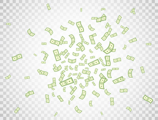 Dollar flying on transparent background. Banknotes icon explosion. Money in a flat style. Cartoon cash sign. Currency collection. Dollar bills. Paper bank notes. Jackpot, big win. Vector illustration