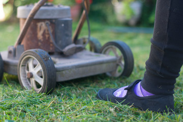 A food and an old grass cutting machine working