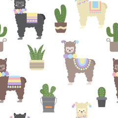 Cute Alpaca with potted cactus seamless pattern - 344910828
