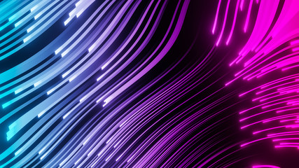 3D modern illustration wavy motion of bright lights changing their color on a black background, abstract design