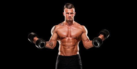 Fototapeta na wymiar Handsome Muscular Men Exercise With Weights, Lifting Weights. Copy Space