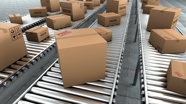 Donation in the cardboard boxes which moving on the conveyor belt. Humanitarian aid with essential goods, medicines, food and cereals. Parcels will be delivered who are out of work and money, 3d loop