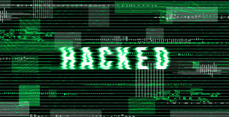 The word Hacked for web page, banner, presentation, social media, documents, cards, posters. Unique Design in a distorted glitch style. Vector illustration.