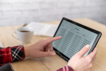Online exam. girl student testing exercise. Examination test on the tablet for school, university. multiple choice answer sheet. Home school, online study. Pandemic, online study