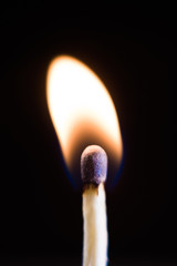 Burning match, on a black background. Macro shot,.